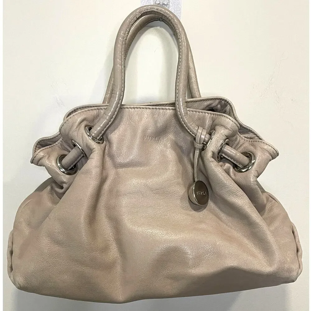 Furla Taupe Leather Top Handle Bag Designer Handbag Silver Embellishments - Picture 1 of 13